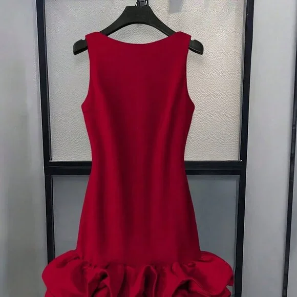 Burgundy Casual Women's Crew Neck Sleeveless Ruffled Hem Elegant Mini Dress - Picture 2 of 5